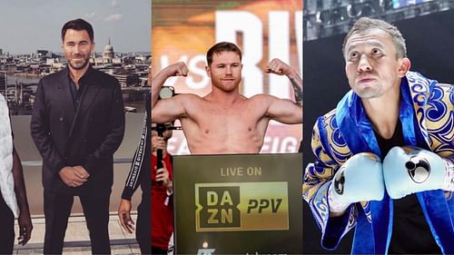 Eddie Hearn (left, @eddiehearn), Canelo Alvarez (center, @canelo), Gennadiy Golovkin (right, @gggboxing) [images courtesy of Instagram]