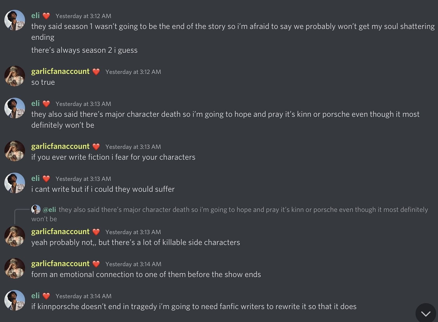 A screenshot of a conversation between fans of the Thai show on Discord (Image via Discord)