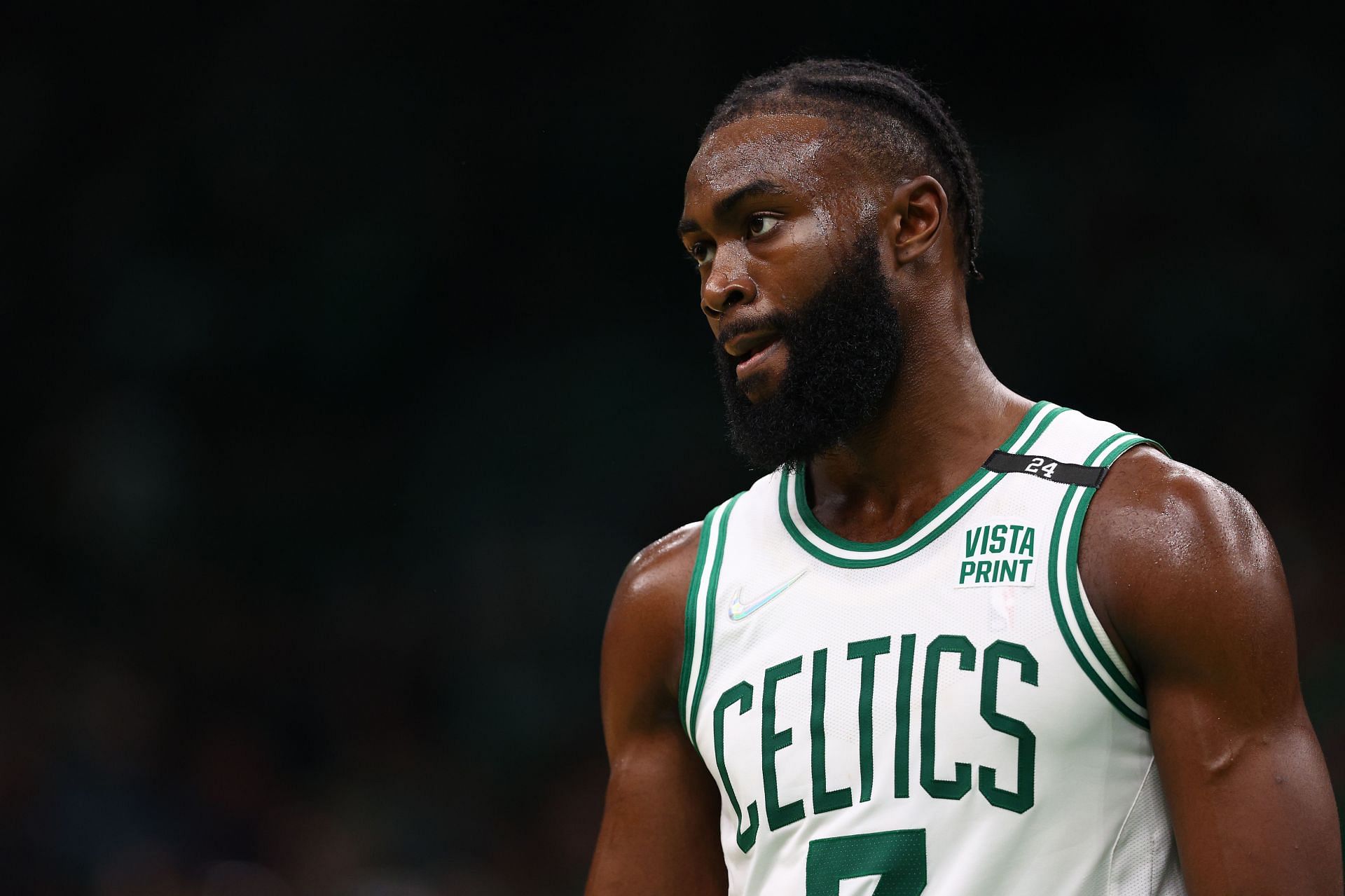 Jaylen Brown of the Boston Celtics looks on in the third quarter.