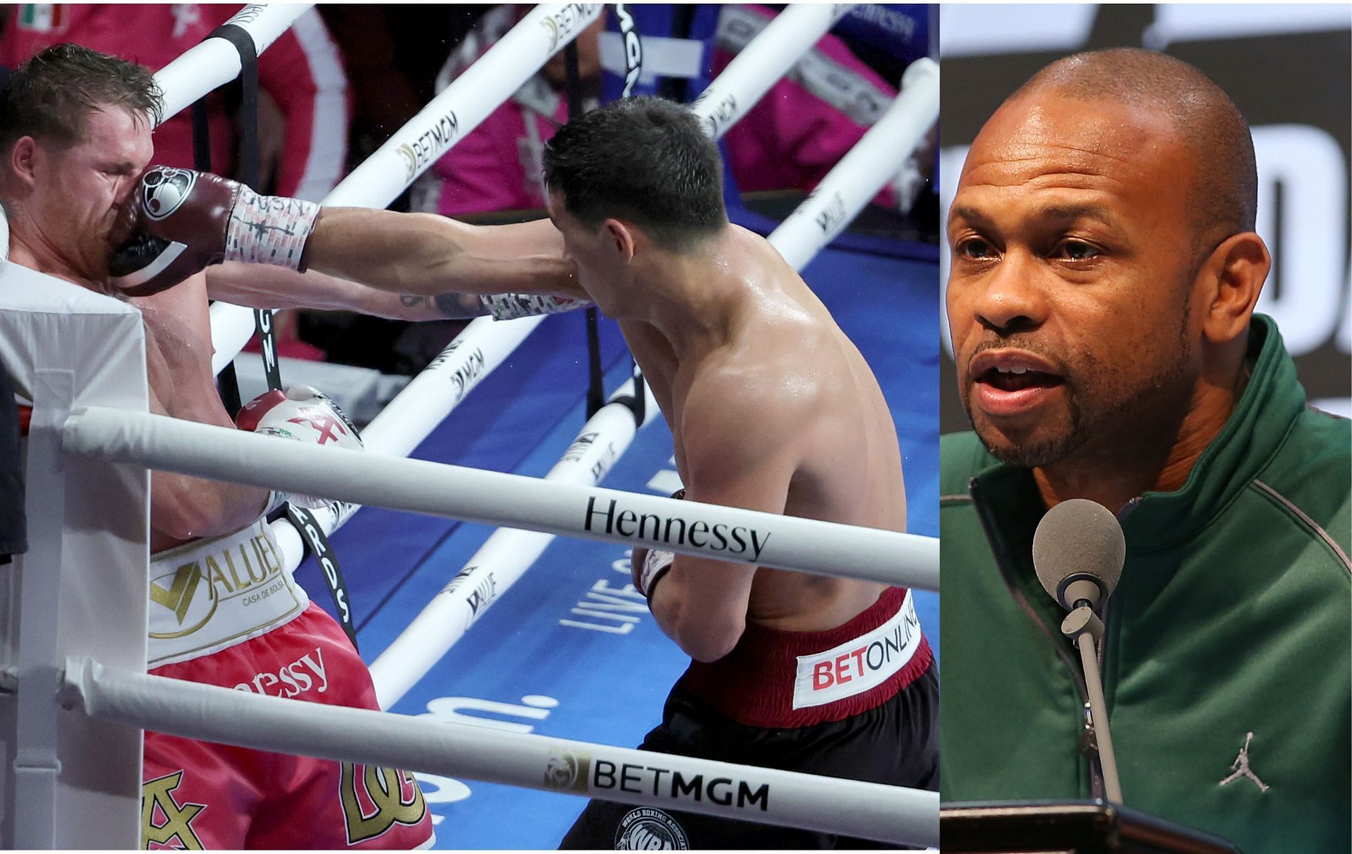 Canelo Alvarez (Far left) takes a punch from Dmitry Bivol (Centre). Roy Jones (Right)