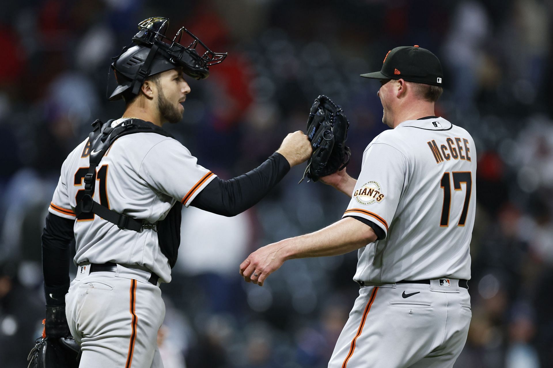 Jake McGee of the San Francisco Giants celebrates a 4-2 victory.