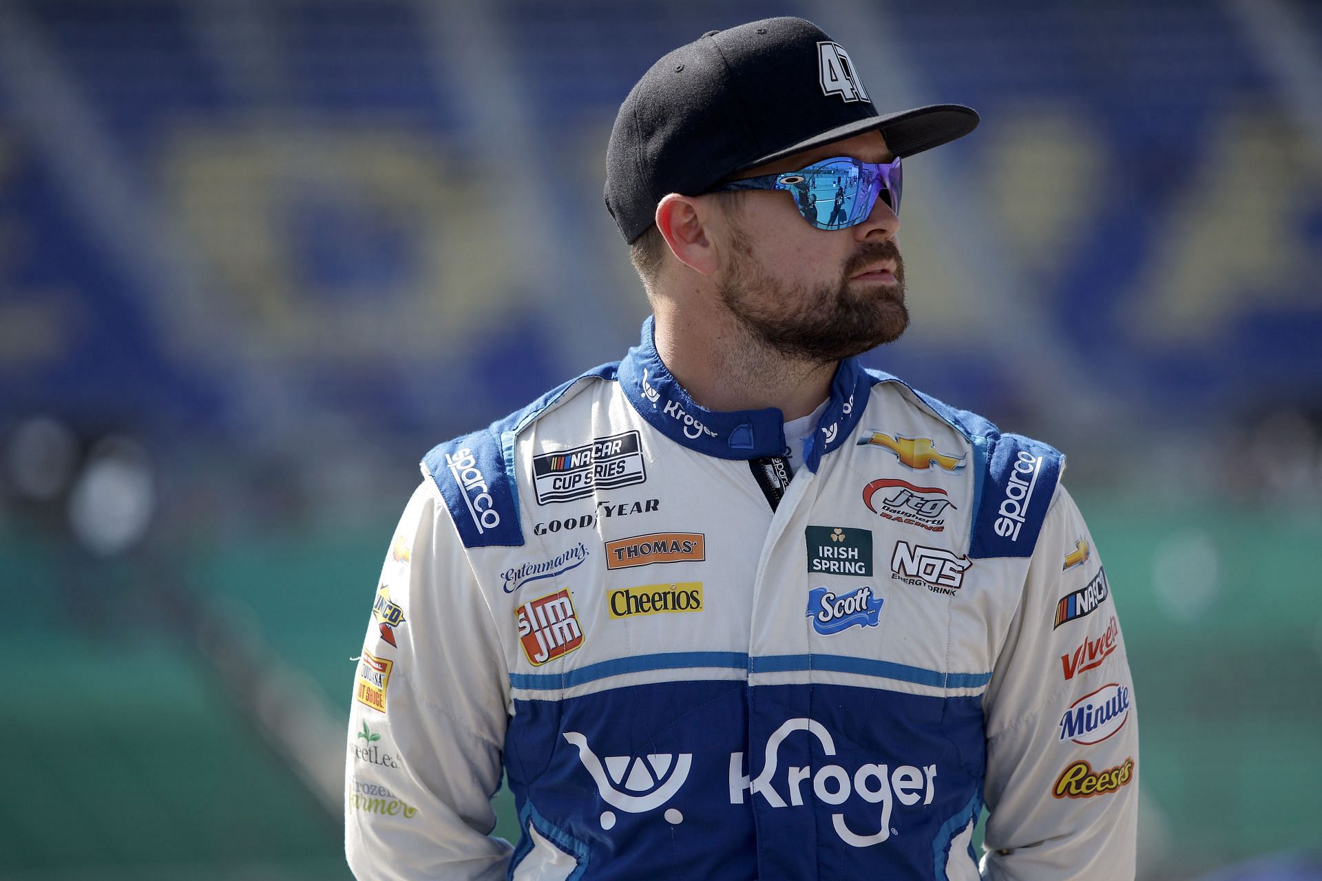 Ricky Stenhouse Jr. looks on during practice for the NASCAR Cup Series AdventHealth 400 at Kansas Speedway