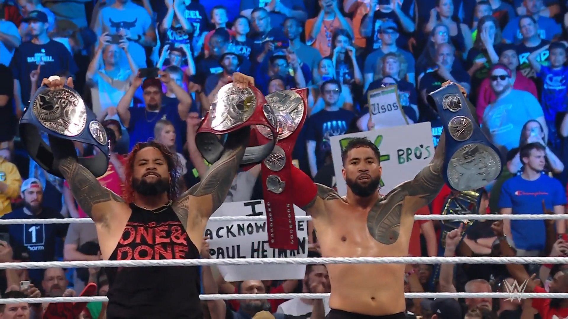 The Usos after winning the RAW Tag Team Championship