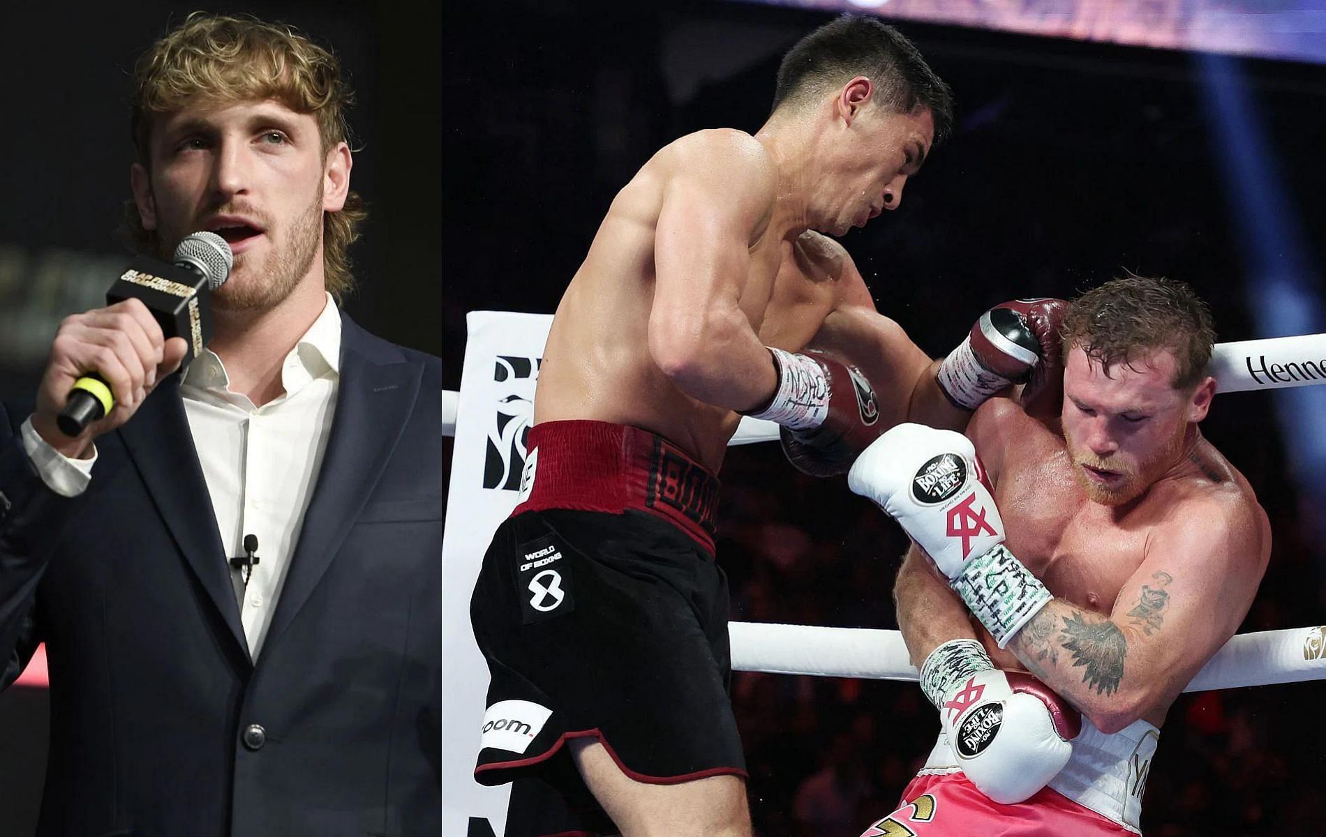 Logan Paul (left), Dmitry Bivol (center) &amp; Canelo Alvarez (right)