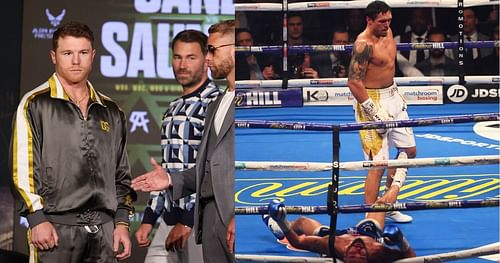 Alvarez and Hearn with Billy Joe Saunders (left) and Usyk (right)