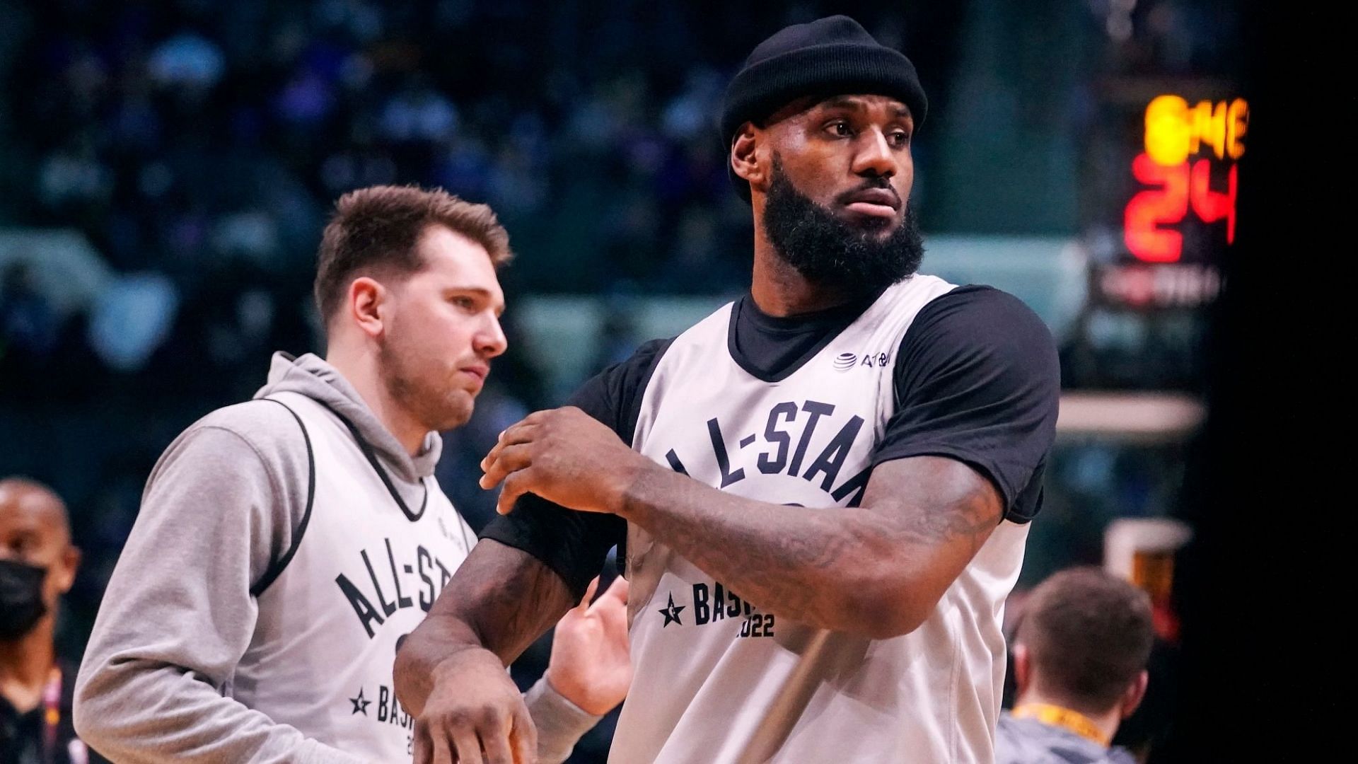 Luka Doncic of the Dallas Mavericks and LeBron James of the LA Lakers in the 2022 All-Star Game practice