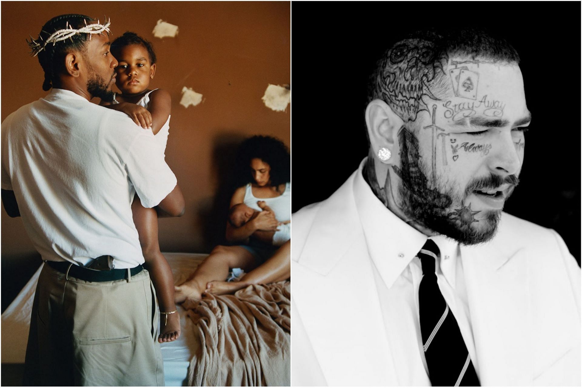 Kendrick Lamar on left (Image via Instagram/@kendricklamar) and Post Malone on right (Image via YouTube/Post Malone)