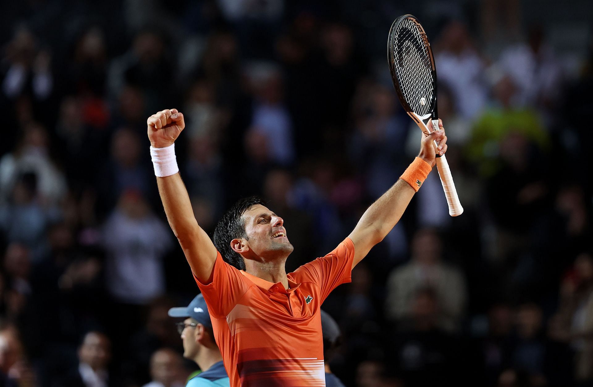 Novak Djokovic celebrates his 100th career win after beating Casper Ruud at the Internazionali BNL D&#039;Italia 2022