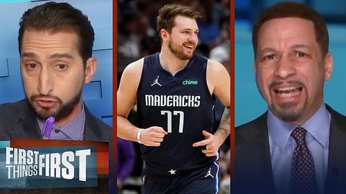 Nick Wright never lost faith in Luka Doncic and the Dallas Mavericks after co-host Chris Broussard guaranteed a gentleman's sweep. [Photo: YouTube]