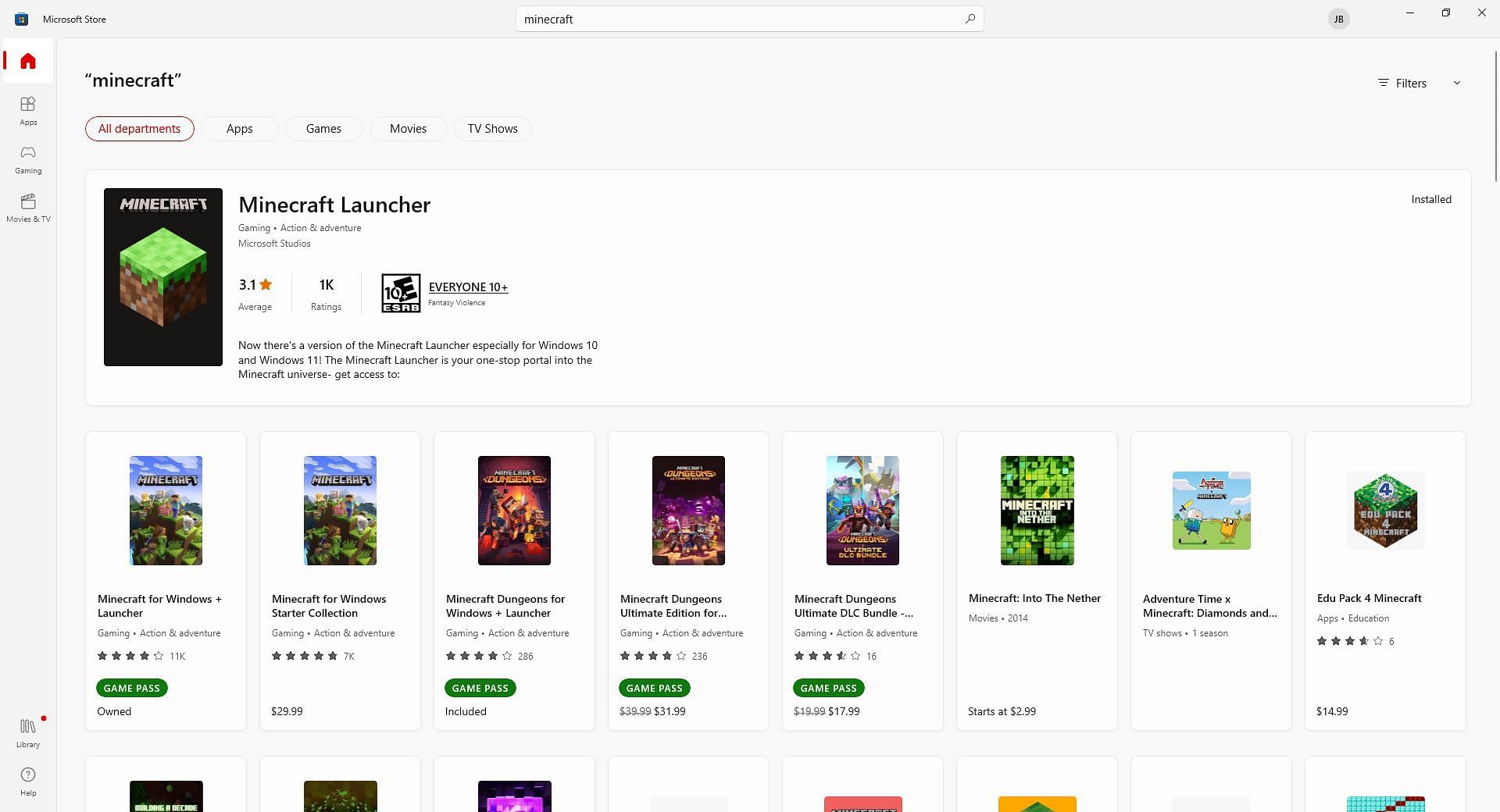 Microsoft Store results after searching for Minecraft (Image via Windows store)
