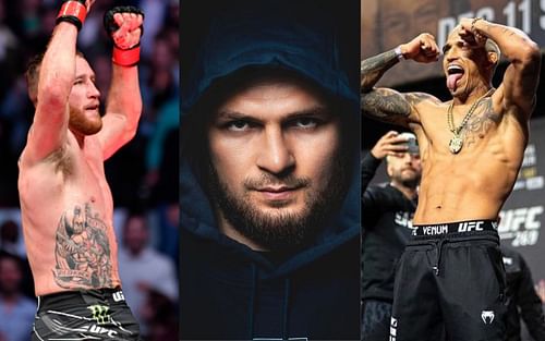 Justin Gaethje (left), Khabib Nurmagomedov (middle), Charles Oliveira (right) [Image courtesy: Getty Images, @khabib_nurmagomedov and @charlesdobronxs via Instagram]