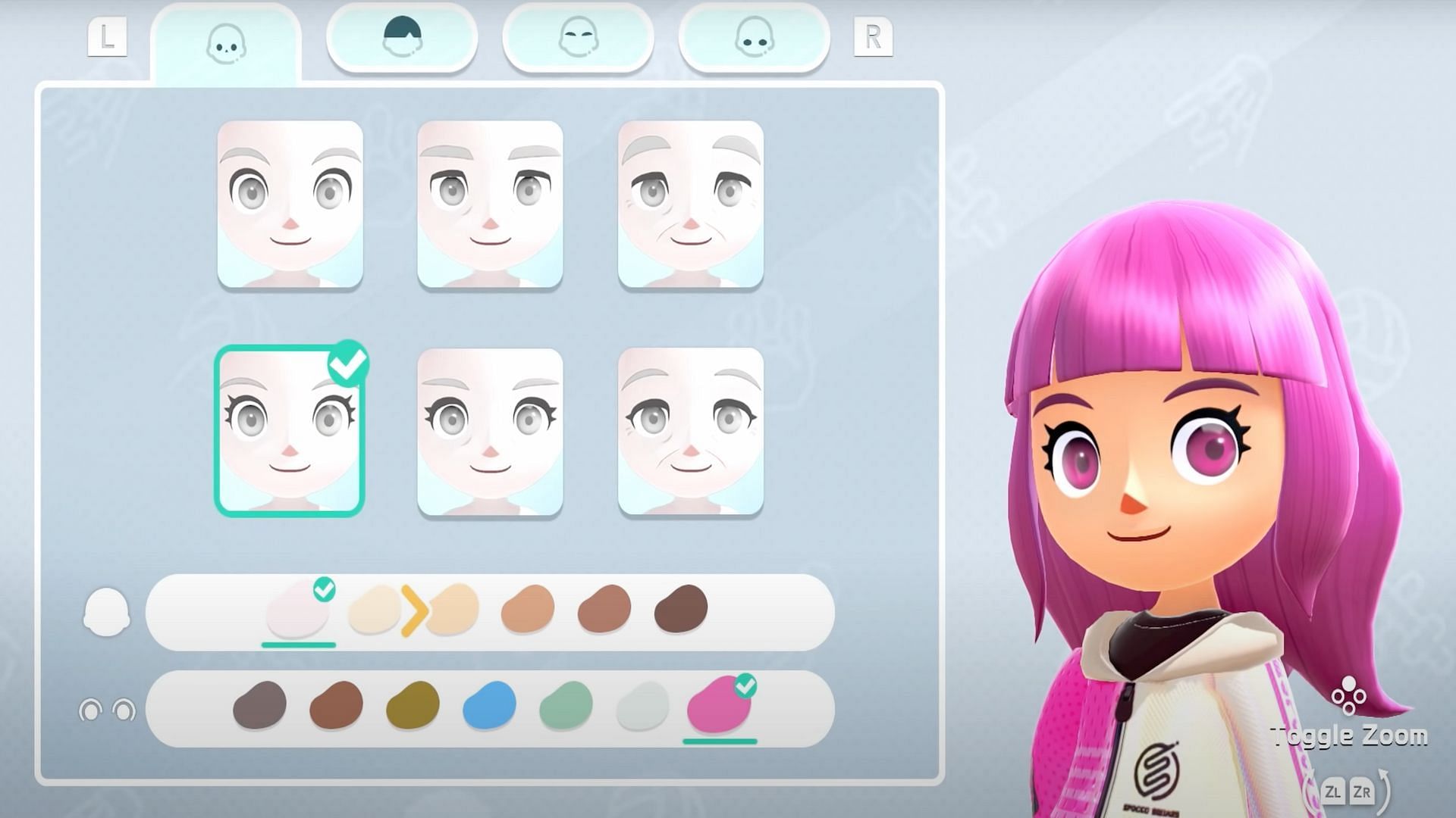 Users can change things such as hairstyle, hair color, eye color, and outfits from the menu (Image via Nintendo)
