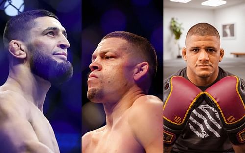 Khamzat Chimaev (left), Nate Diaz (center), and Gilbert Burns (right) [Images courtesy of Getty and @ gilbert_burns Instagram]