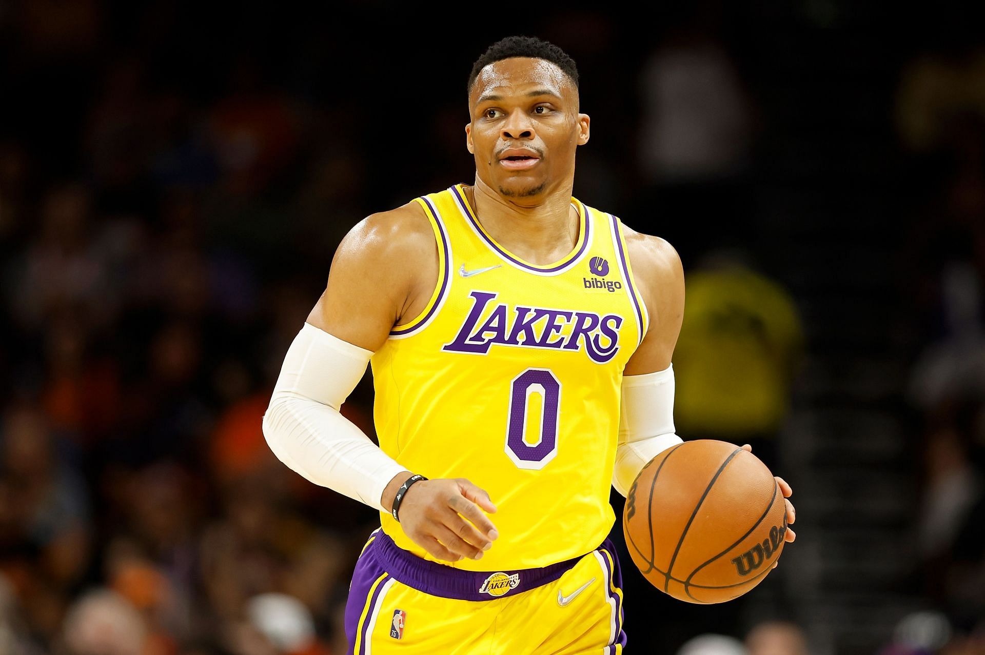 The LA Lakers' Russell Westbrook handles the ball at the Footprint Center on April 5 in Phoenix, Arizona.