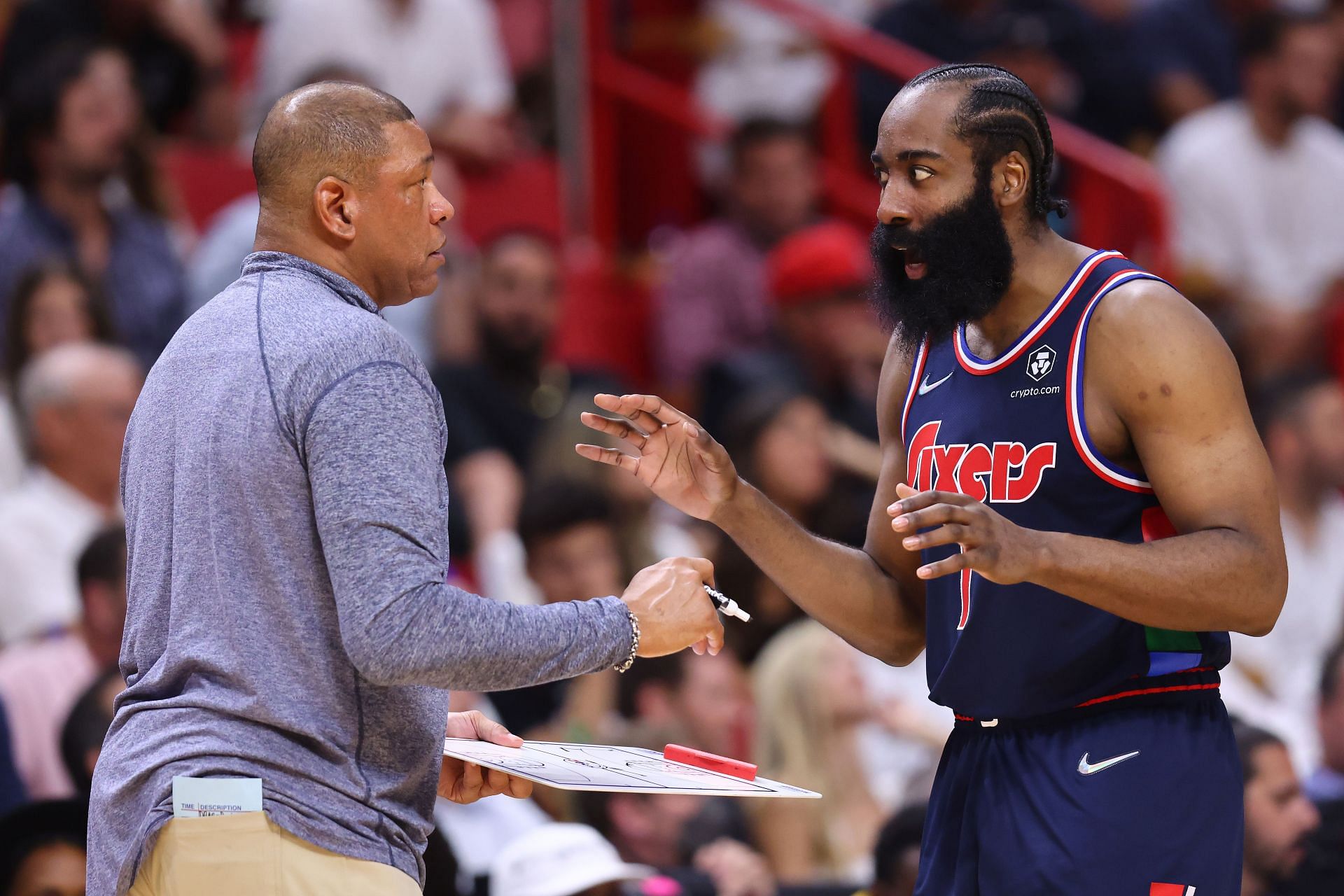 Doc Rivers and James Harden of the Philadelphia 76ers