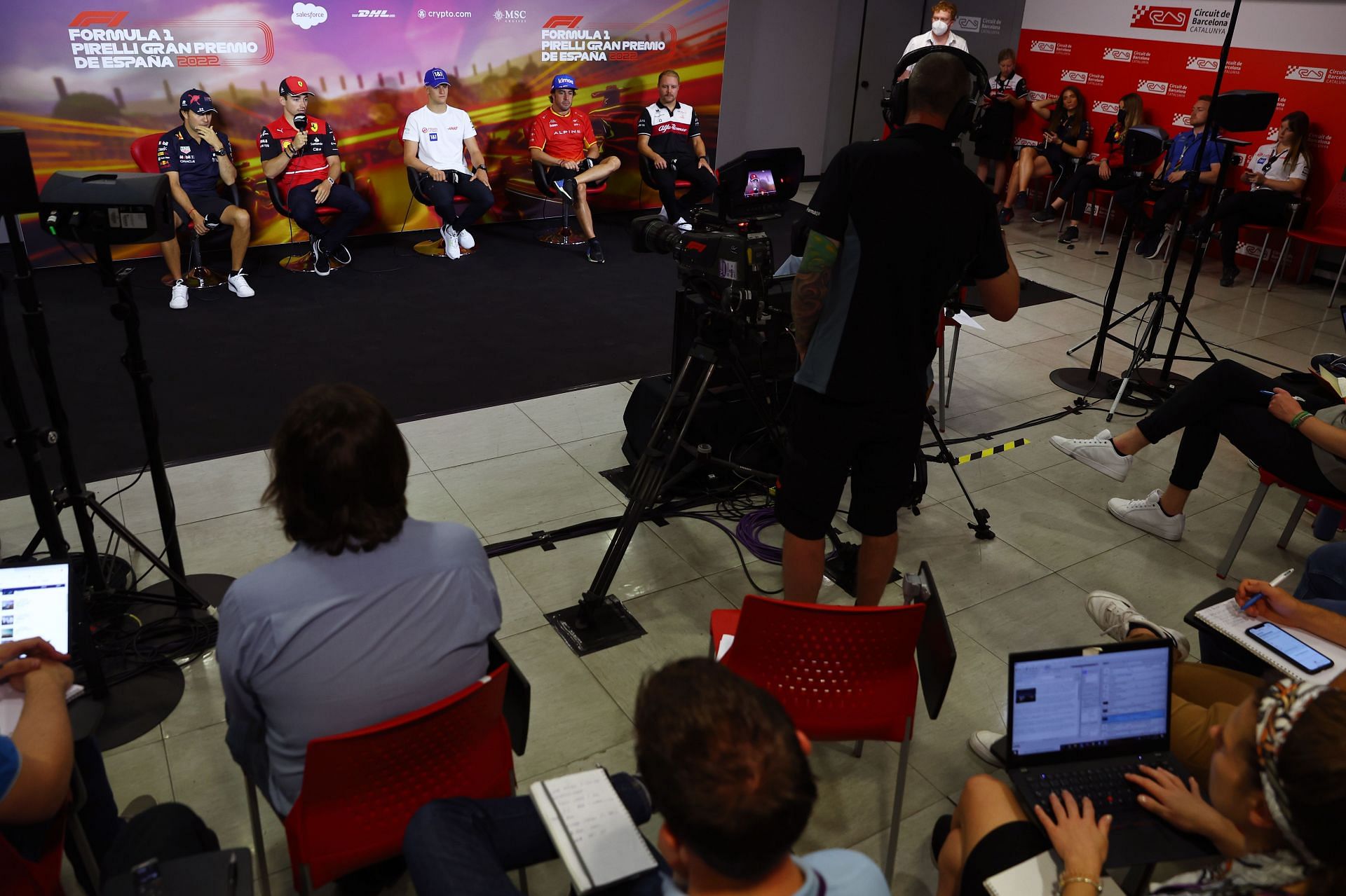 F1 drivers in conversation with the media ahead of the 2022 F1 Spanish GP. (Photo by Lars Baron/Getty Images)