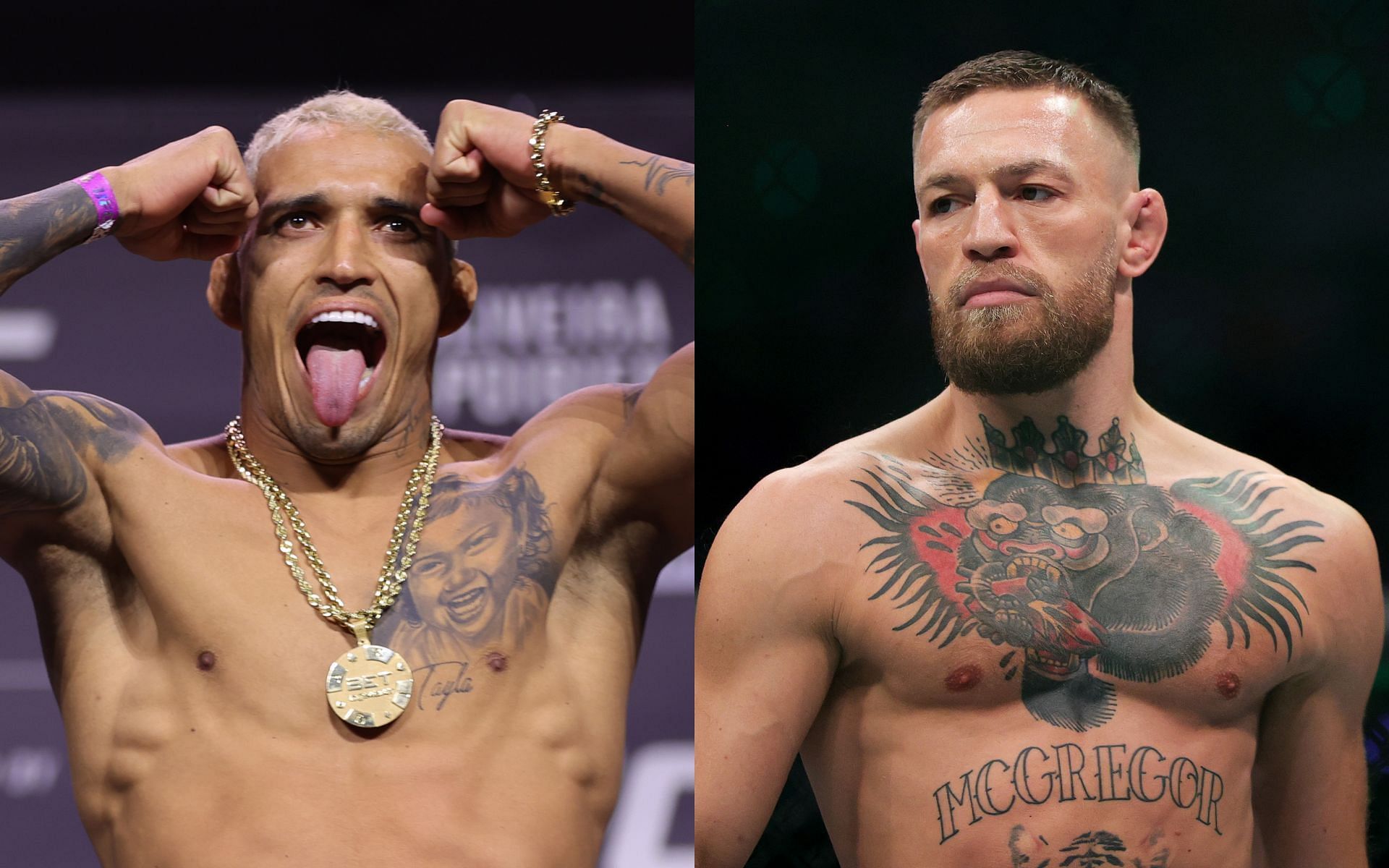 Charles Oliveira (left) thinks Conor McGregor (right) may have got cold feet
