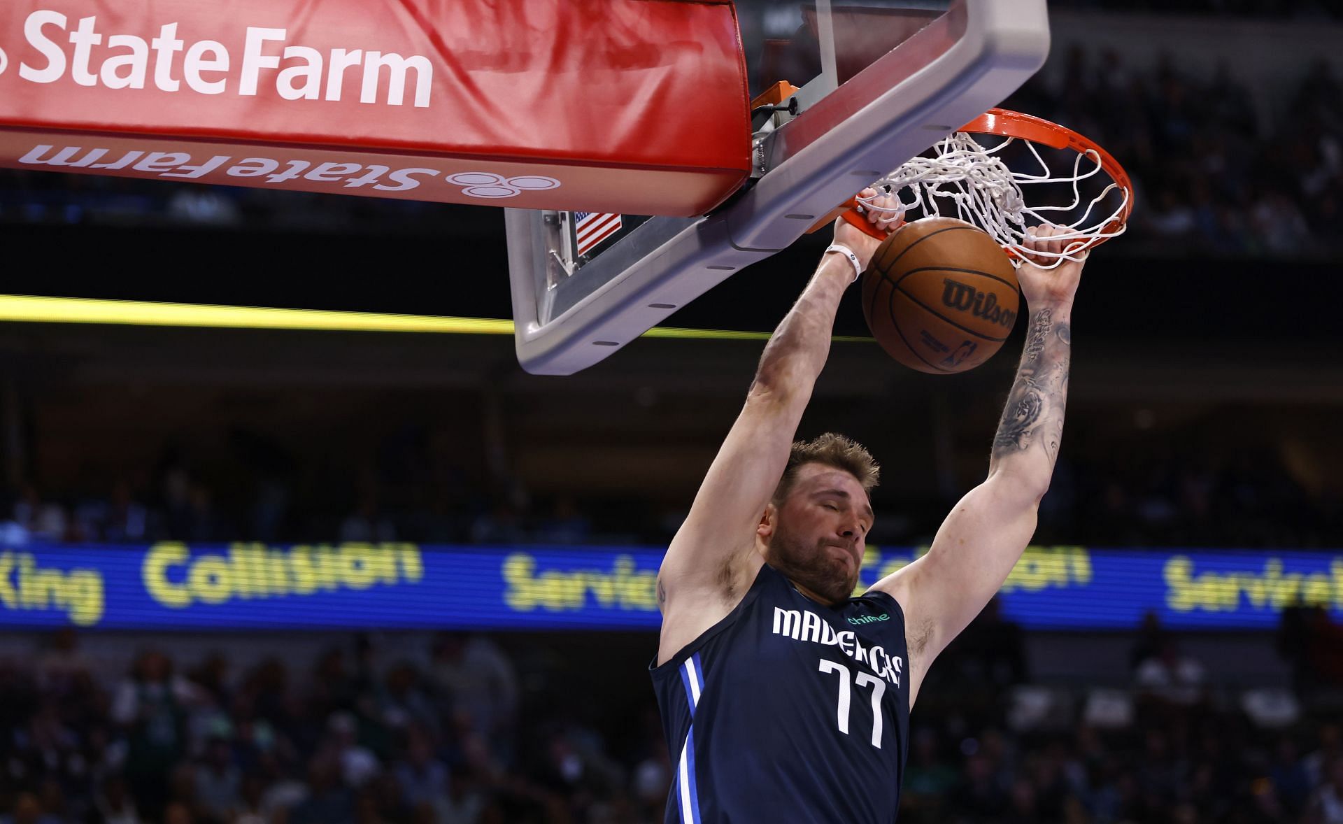 Luka Doncic #77 of the Dallas Mavericks slam dunks against the Phoenix Suns during Game Six of the 2022 NBA Playoffs Western Conference Semifinals at American Airlines Center on May 12, 2022 in Dallas, Texas.