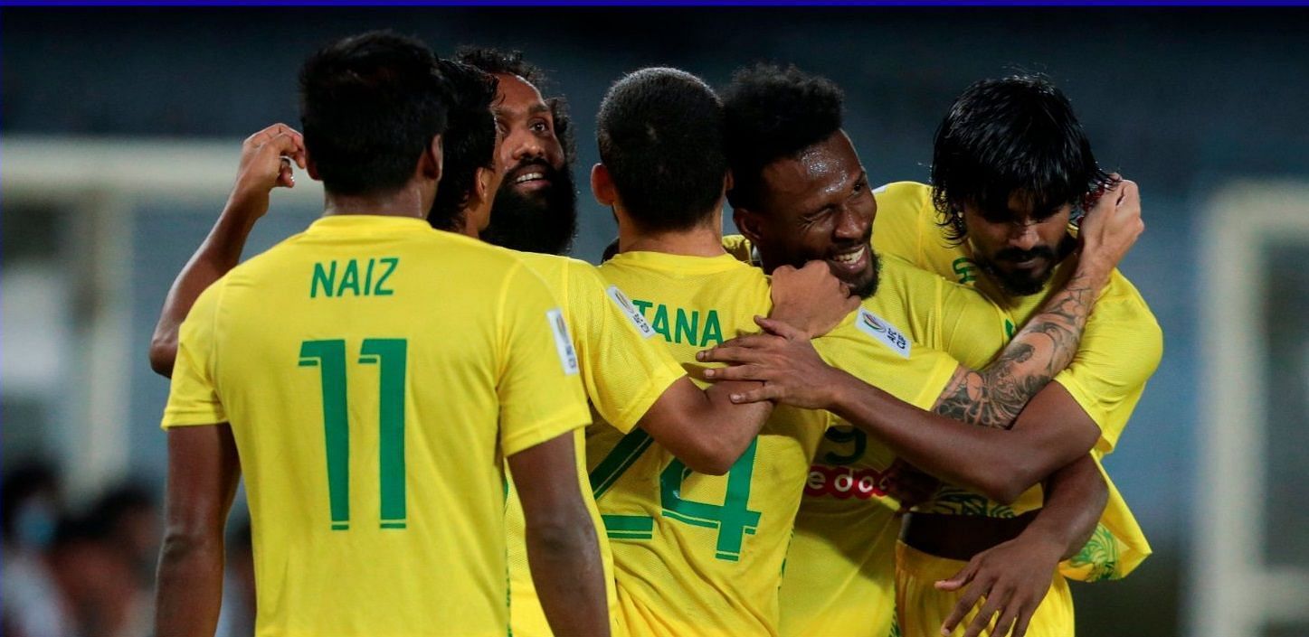 Maziya FC players celebrating after their goal against Gokulam Kerala FC. (Image Courtesy: Twitter/AFCCup)