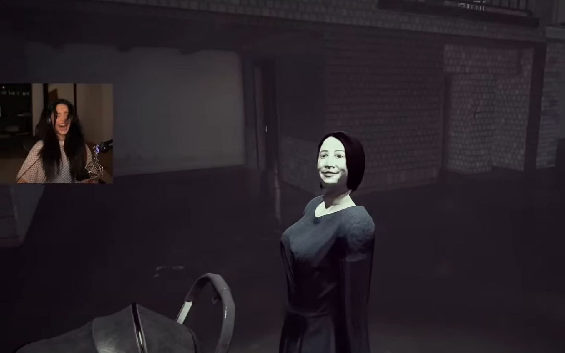 Valkyrae gets scared by a female NPC and falls off her chair (Image via Valkyrae/YouTube)