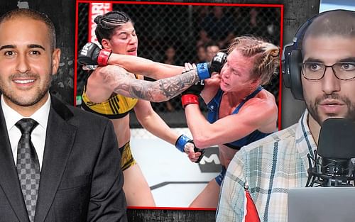 Jon Anik (left), Ketlen Vieira (center-left), Holly Holm (center-right) & Ariel Helwani (right) [Image Credits- MMA Fighting on YouTube & @ufc on Instagram]