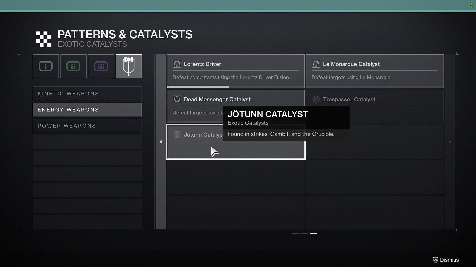 Pattern &amp; Catalyst section inside the Collection tab (Image via Destiny 2)