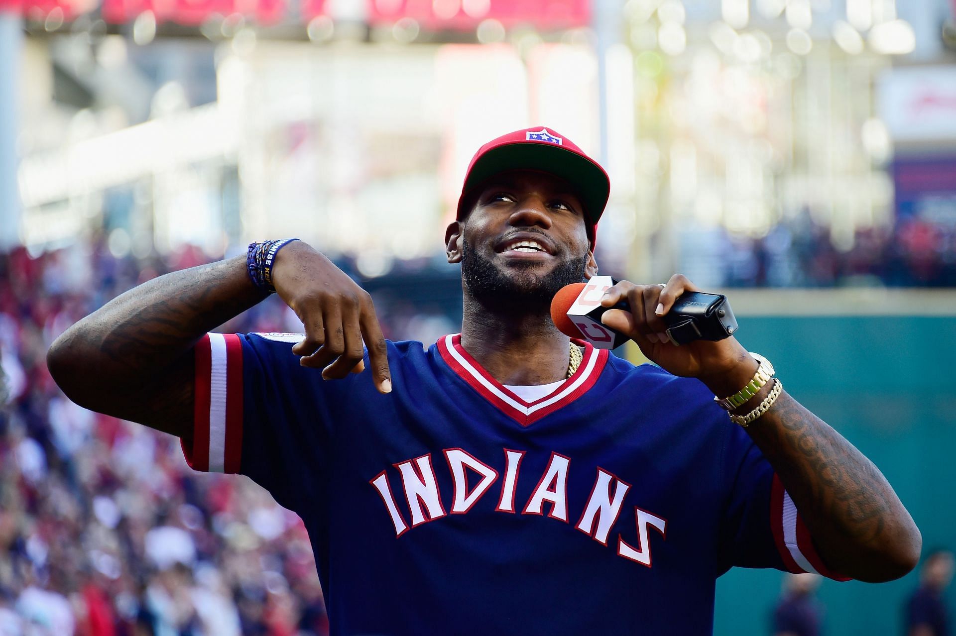 LeBron James No. 23 addresses the crowd prior to game two of the American League Divison Series between the Boston Red Sox and the Cleveland Indians.