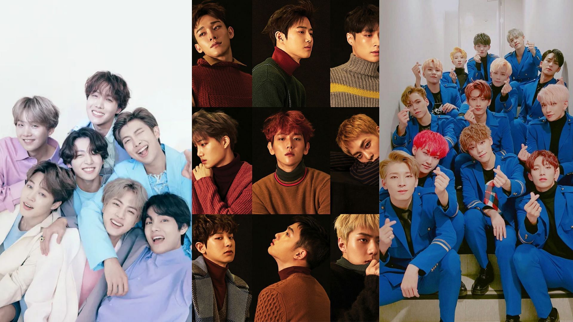 Best selling 3rd generation K-pop boy groups: BTS, EXO, SVT (Image via HYBE Labels, SM Entertainment)