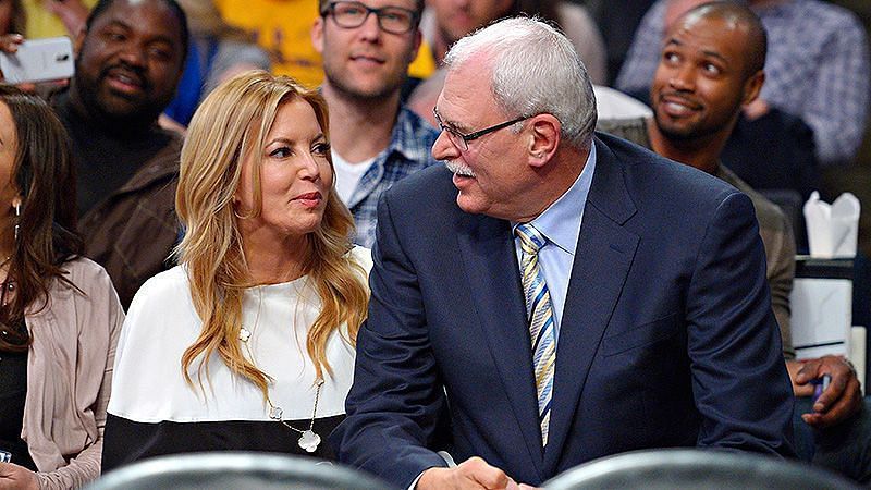 Jeanie Buss and Phil Jackson courtside