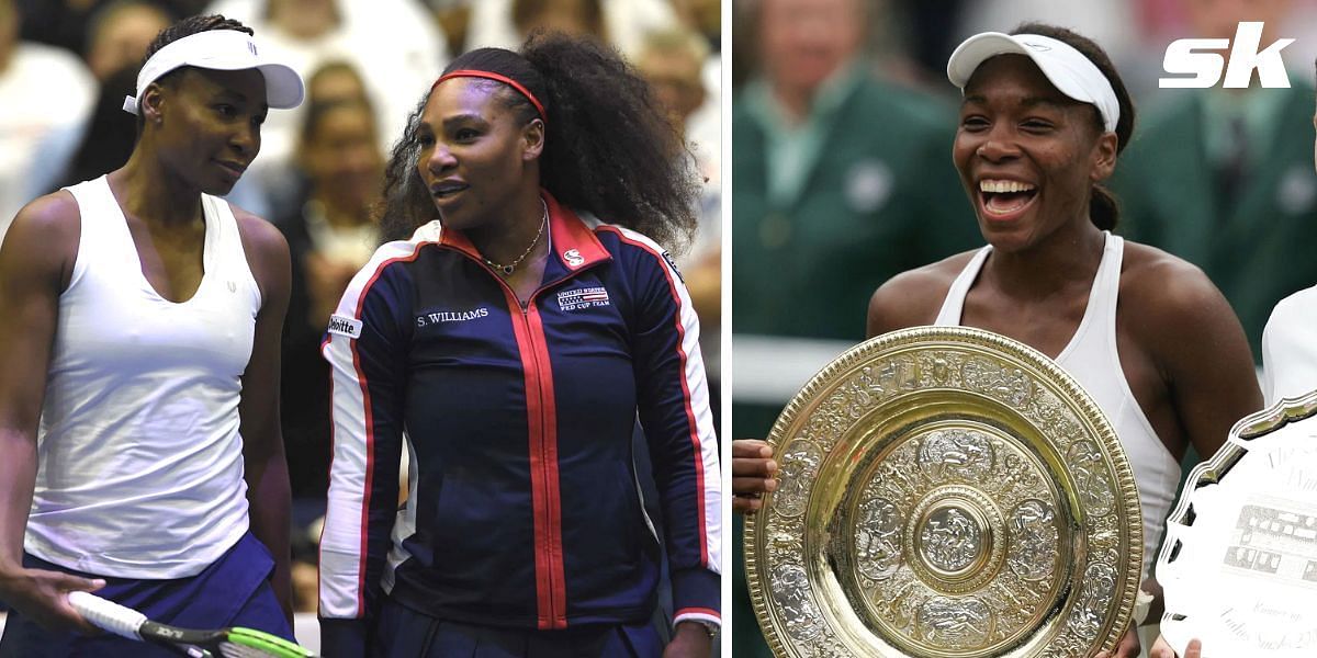 Venus and Serena Williams (L), Venus Williams with the 2005 Wimbledon trophy