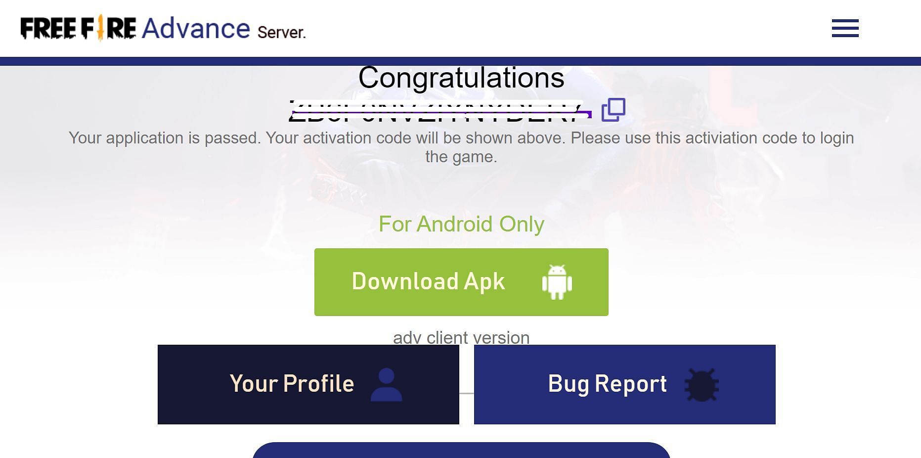 Users can copy the Activation Code once it appears on the account page (Image via Garena)