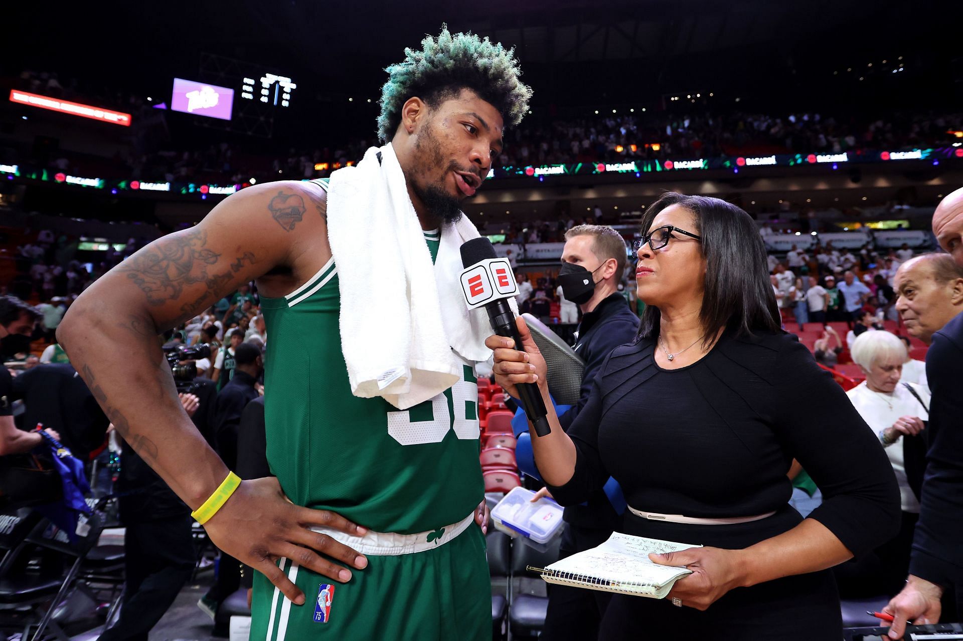 Marcus Smart of the Boston Celtics speaks to Lisa Salters after their 127-102 win against the Miami Heat.