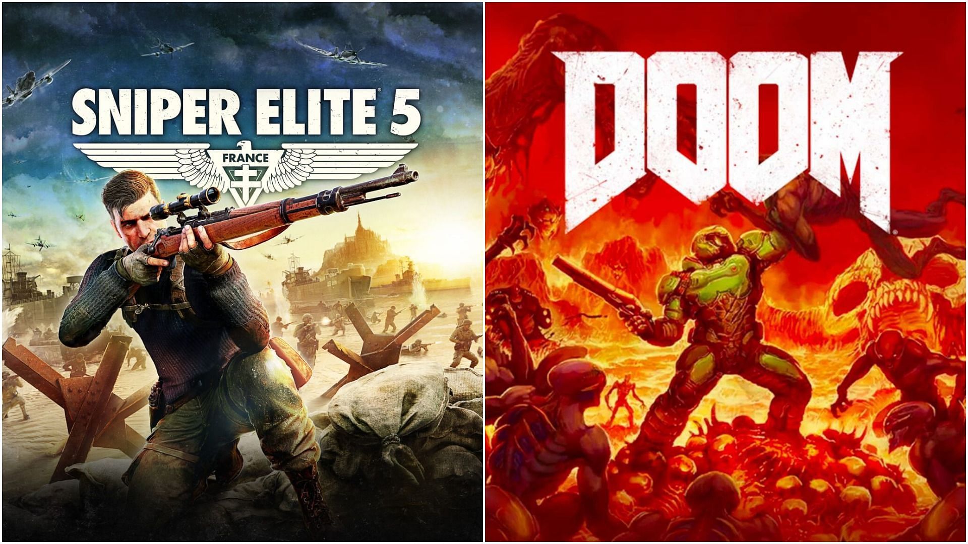 While Sniper Elite takes a stealth approach to gameplay while  Doom lets players revel in the action (image via Rebellion Developments and Bethesda)