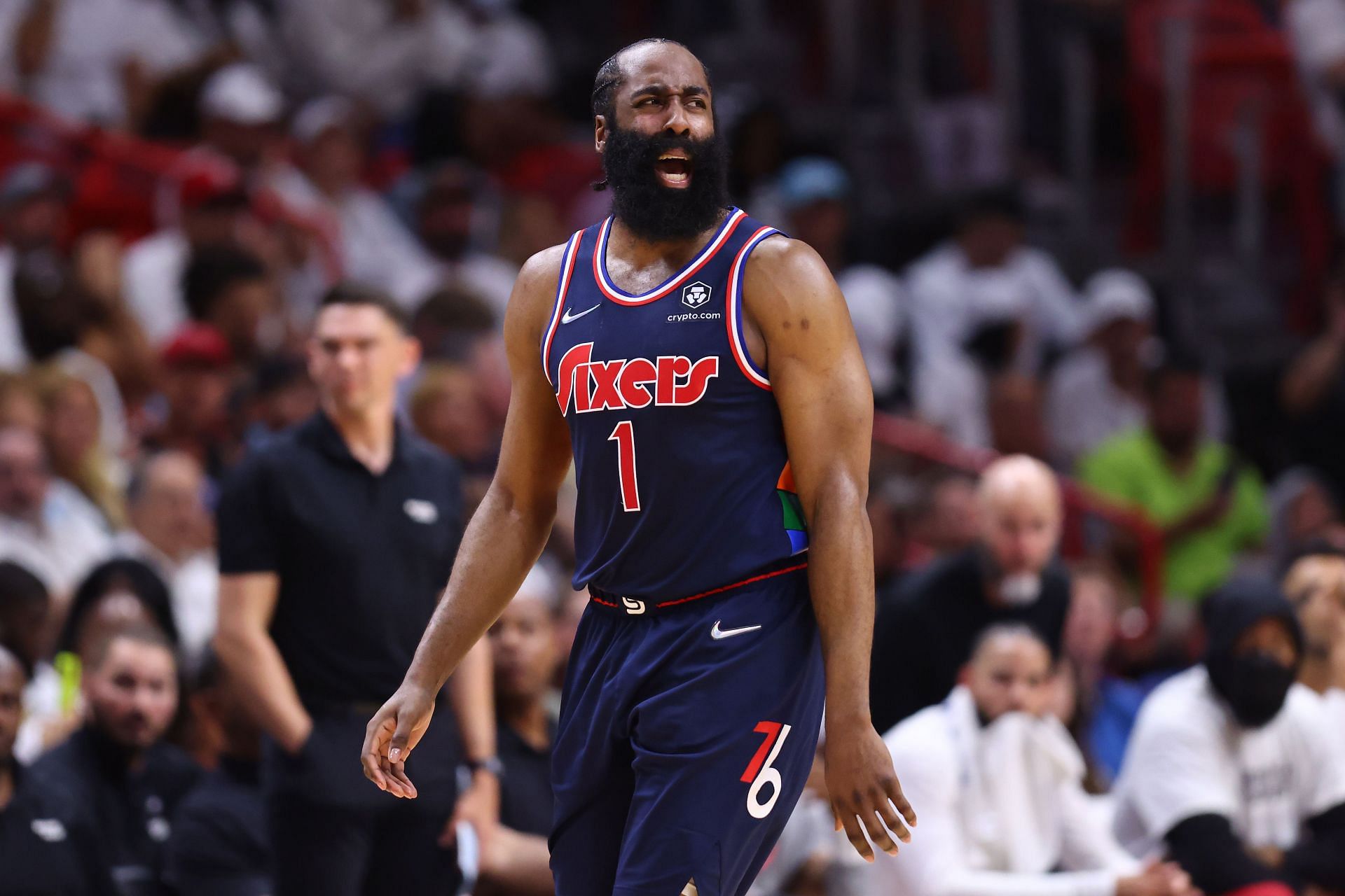 James Harden No. 1 of the Philadelphia 76ers reacts against the Miami Heat.