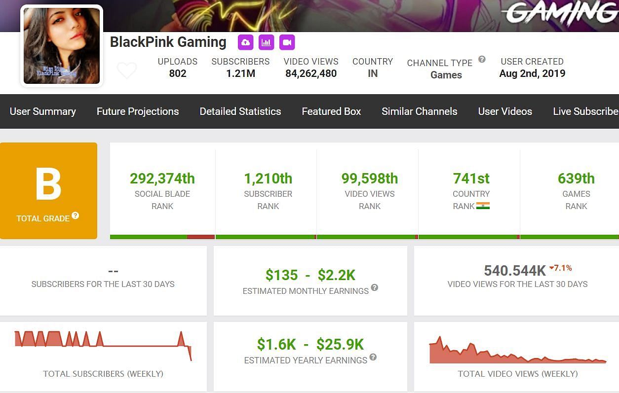 BlackPink Gaming&#039;s YouTube income (Image via Social Blade)