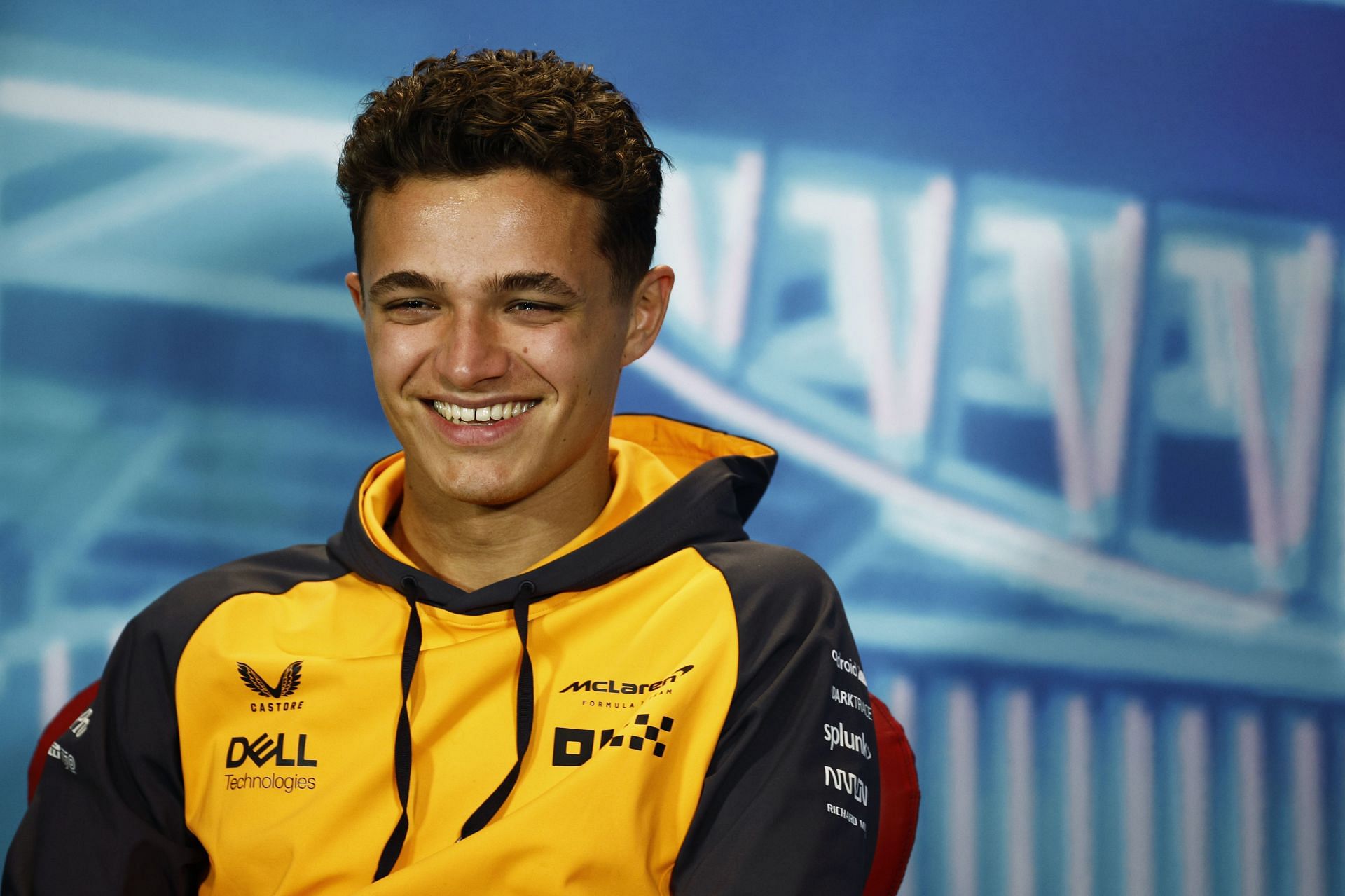 Lando Norris talks in the Drivers&#039; Press Conference before practice ahead of the 2022 Miami GP (Photo by Jared C. Tilton/Getty Images)