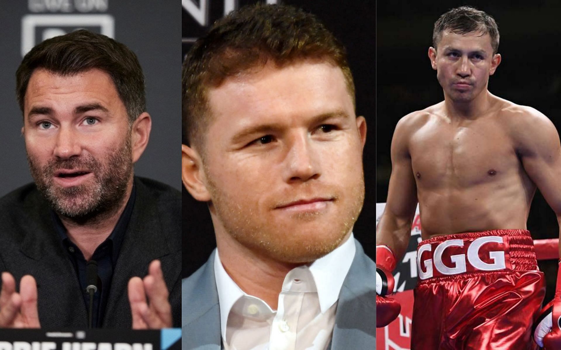 (From left to right) Eddie Hearn, Canelo Alvarez, and Gennadiy Golovkin.