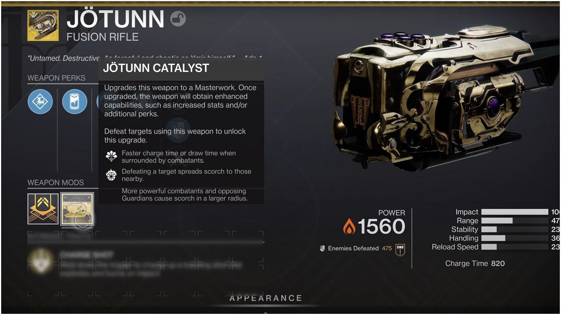 Jotunn Exotic Fusion Rifle with its new catalyst (Image via Bungie)