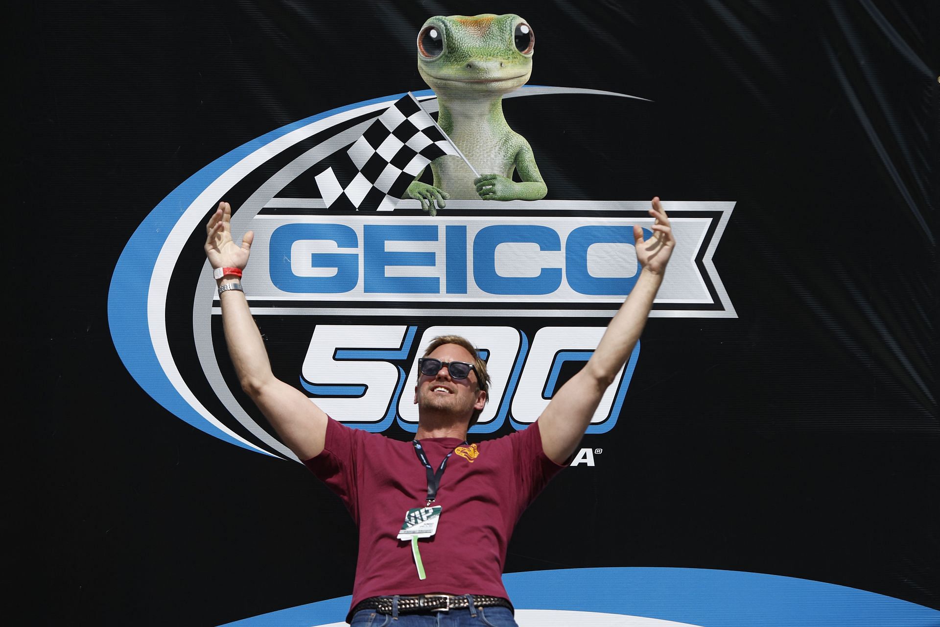Actor Alexander Skarsgard gives the command to start engine prior to the NASCAR Cup Series GEICO 500 at Talladega Superspeedway