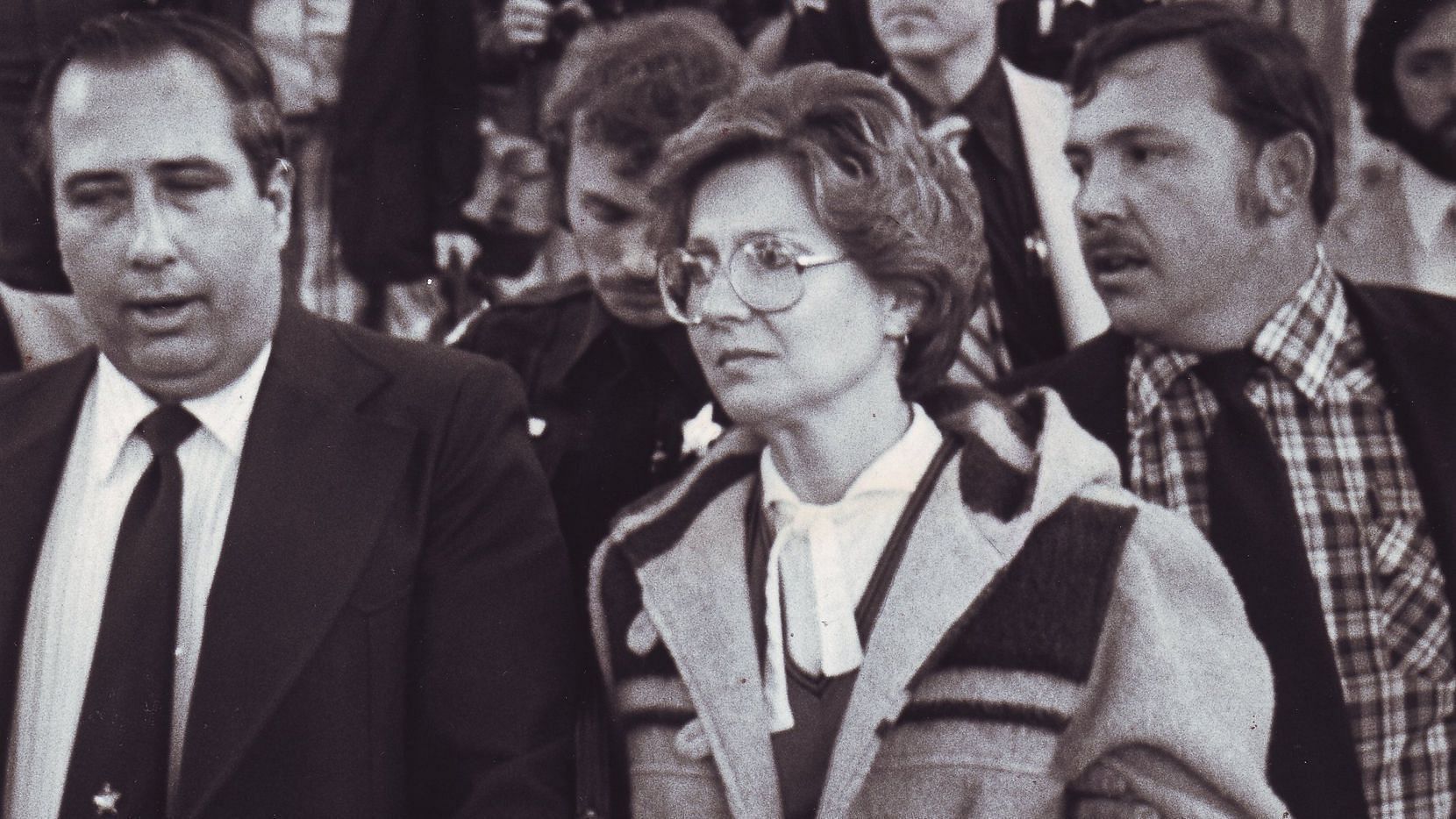 Candy Montgomery leaves court in 1980. Montgomery was acquitted of murdering her Wylie neighbor Betty Gore with an axe (Image via DMN File)