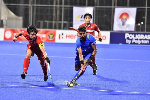 The Indian men's hockey team against Japan in an Asia Cup league match. (PC: Hockey India)