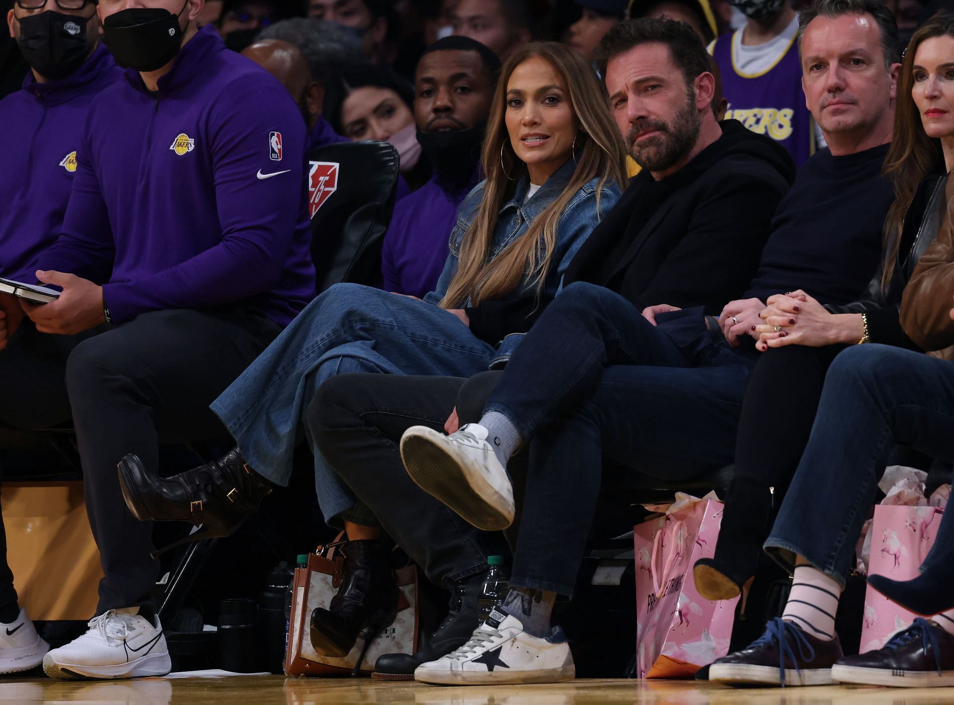 Jennifer Lopez and Ben Affleck attend Boston Celtics v Los Angeles Lakers