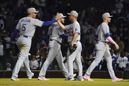 Los Angeles Dodgers celebrate their win on Mother's Day