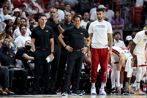 Erik Spoelstra looks on from the Miami Heat bench