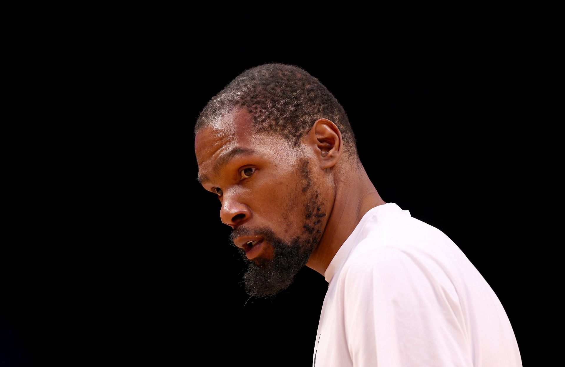 Kevin Durant #7 of the Brooklyn Nets warms up before Game Four of the Eastern Conference First Round Playoffs against the Boston Celtics at Barclays Center on April 25, 2022 in the Brooklyn borough of New York City.