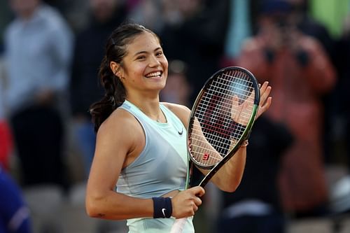 Emma Raducanu celebrates her first-round win at the 2022 French Open