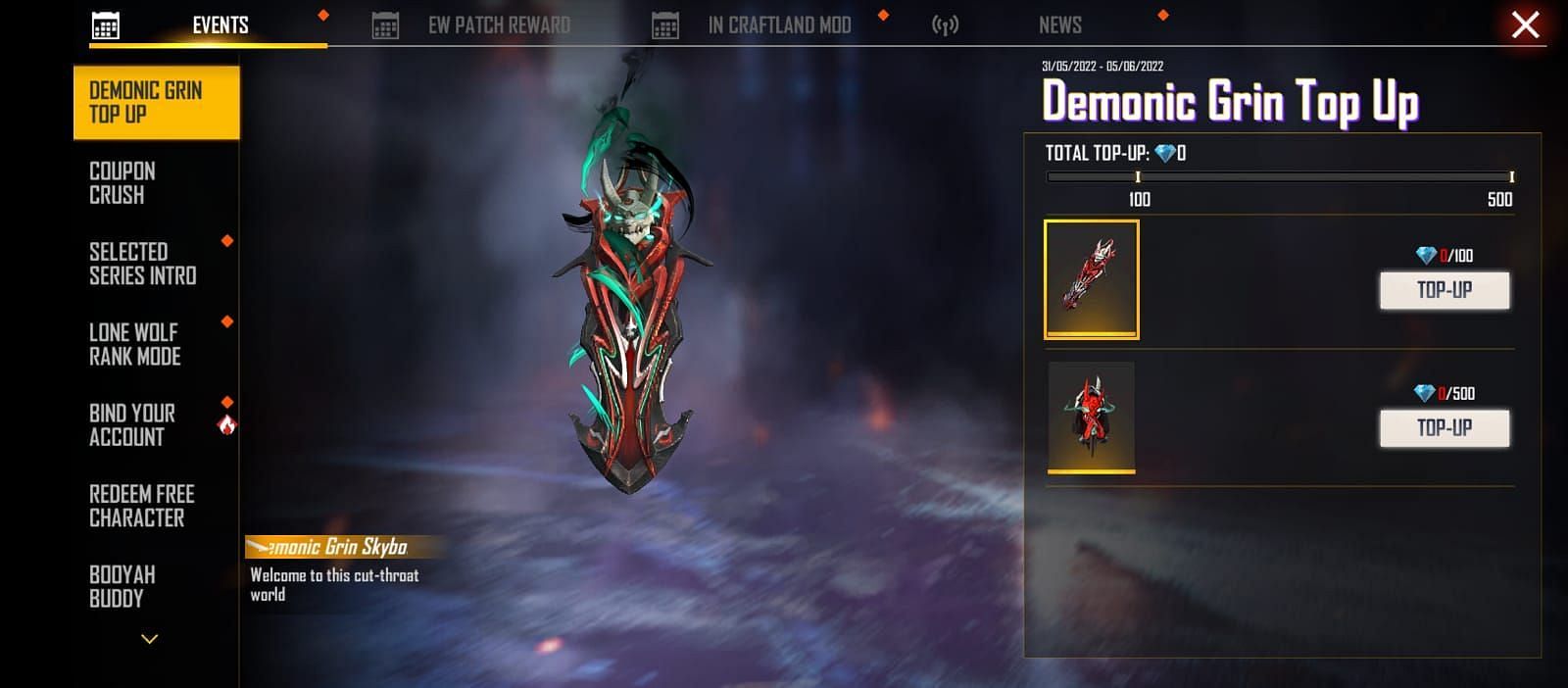 The Demonic Grin Skyboard can be claimed by topping up 100 diamonds (Image via Garena)