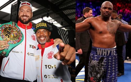 Tyson Fury with SugarHill Steward (left) and Dillian Whyte (right)