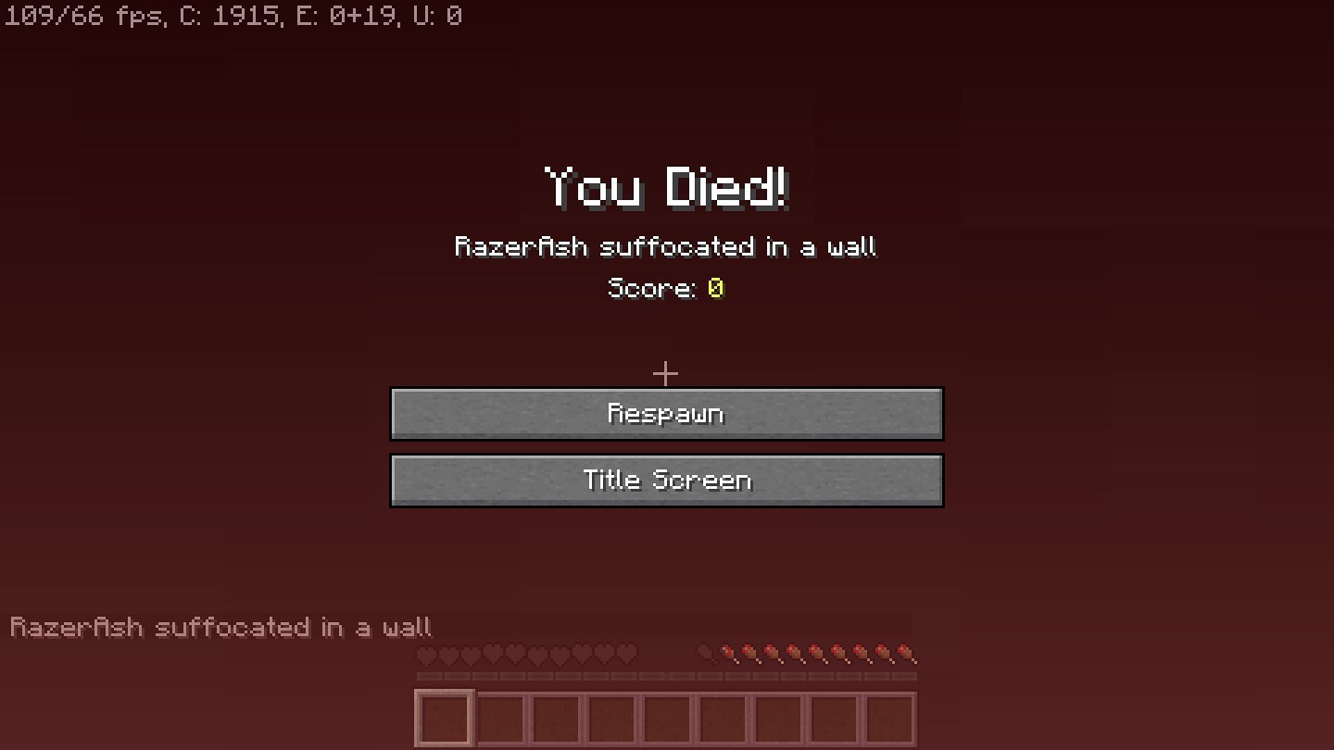 Player died from suffocating in blocks (Image via Minecraft)