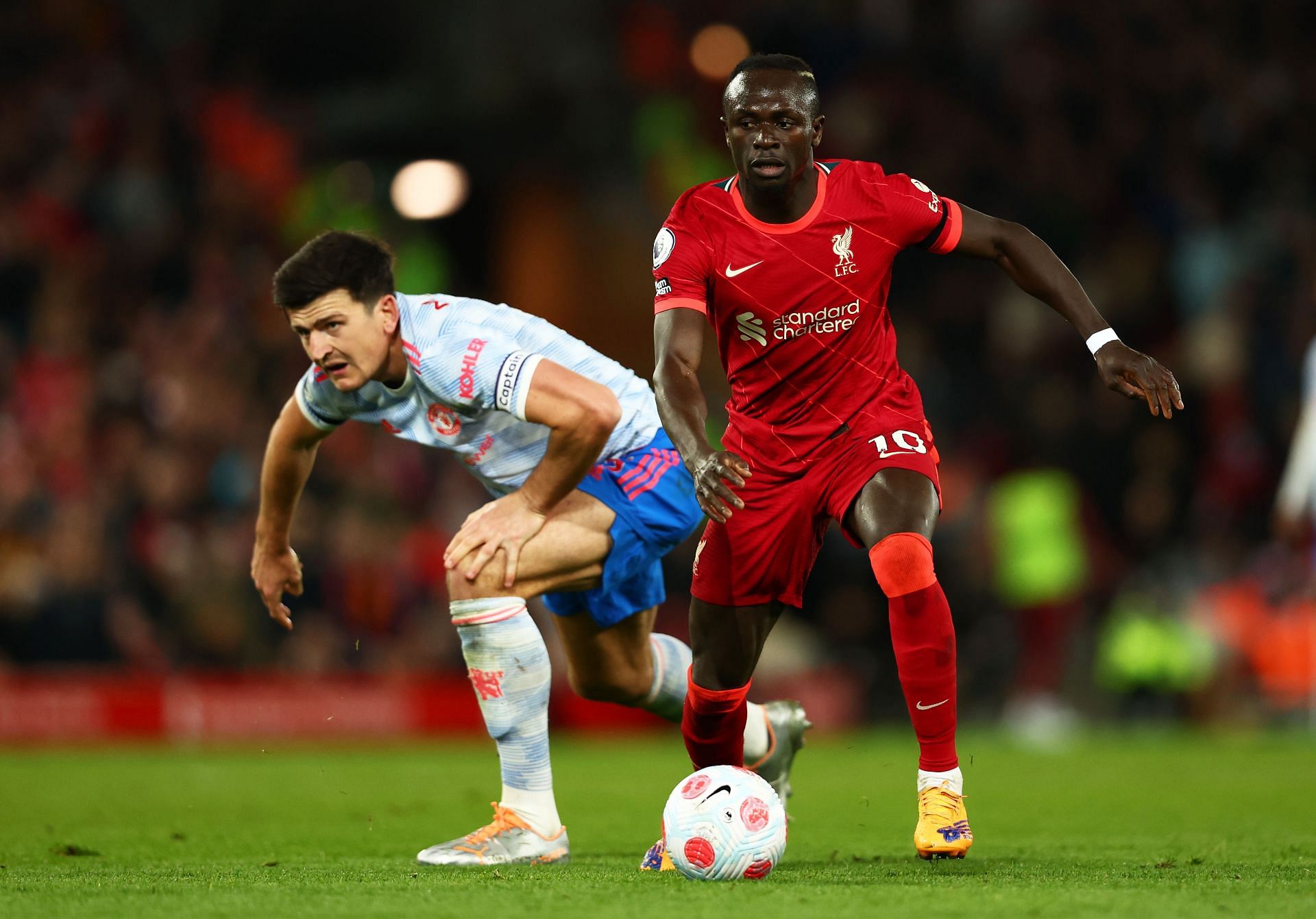 Captain Harry Maguire is beaten by Sadio Mane